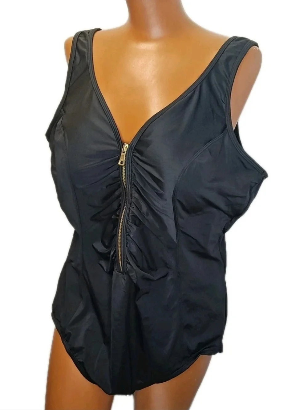Coastal Blue Shirred Zip Front Swimsuit Sz 22/24W Black Wireless Tummy Control